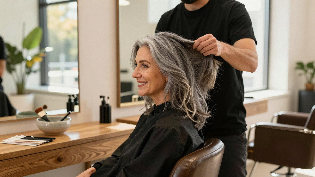 Mulher grisalha sentada sorridente num salão de cabeleireiro a ser atendida por um cabeleireiro.