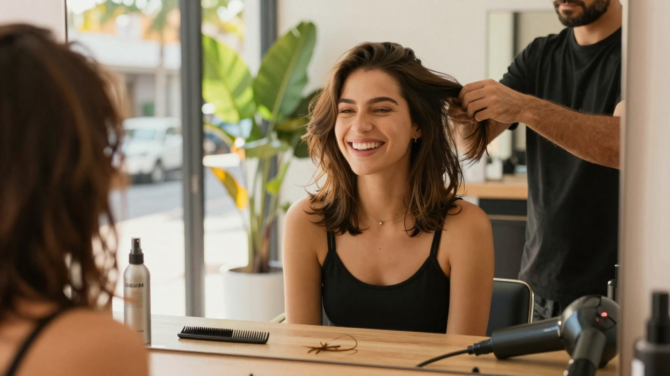Mulher sorridente a ser penteada por cabeleireiro num salão de beleza, refletida no espelho.