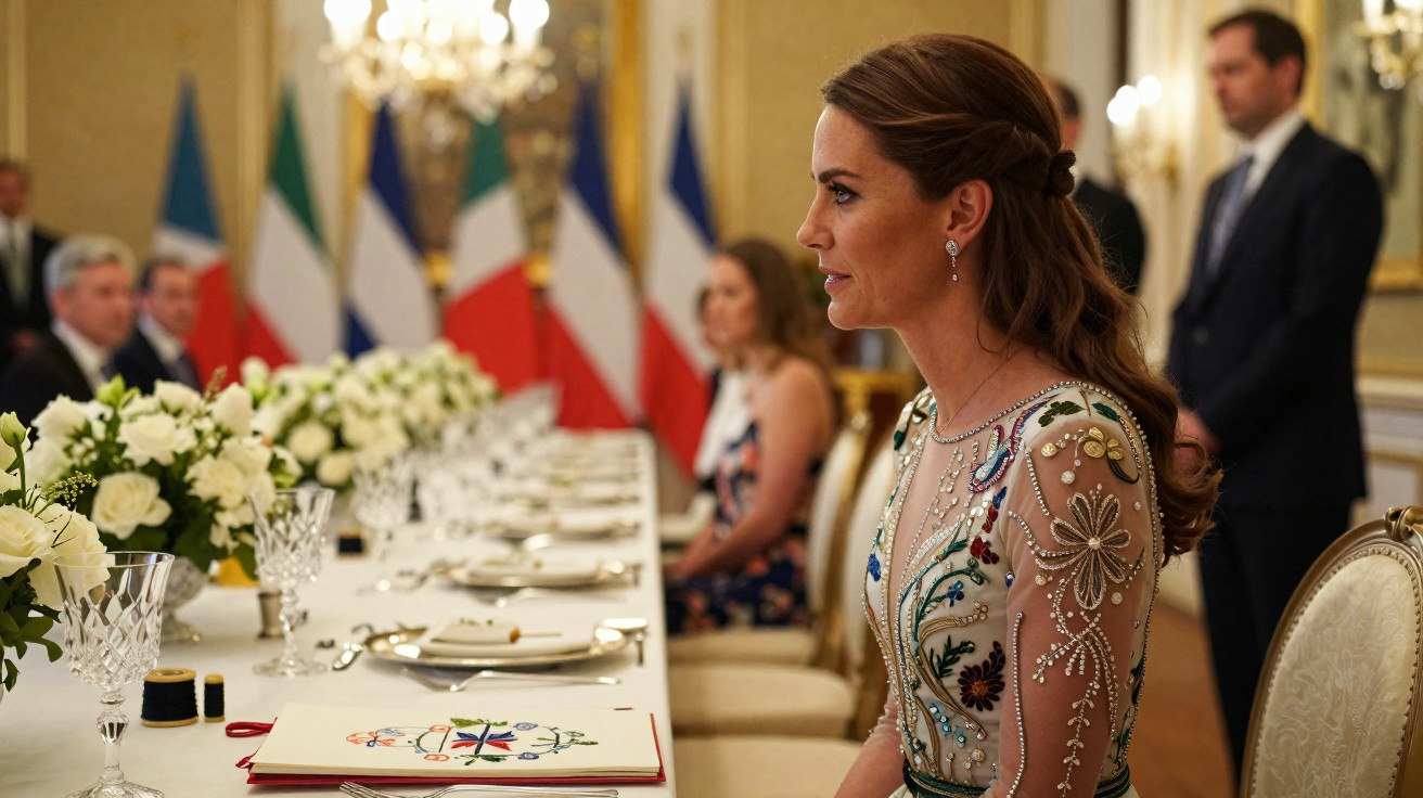 Mulher com vestido bordado sentada à mesa formal decorada com flores e bandeiras ao fundo num salão elegante.