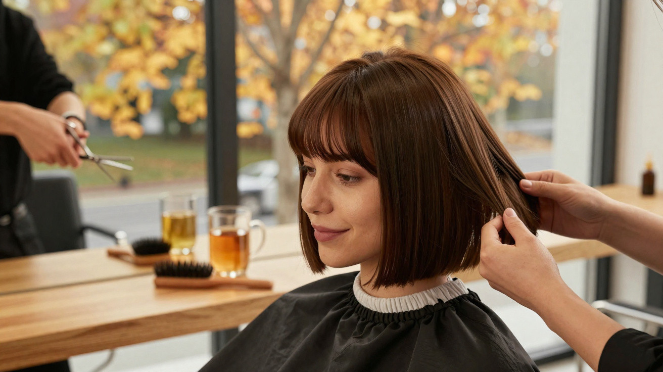 Mulher com cabelo castanho curto a ser penteada num salão de cabeleireiro com vista para árvores de outono.