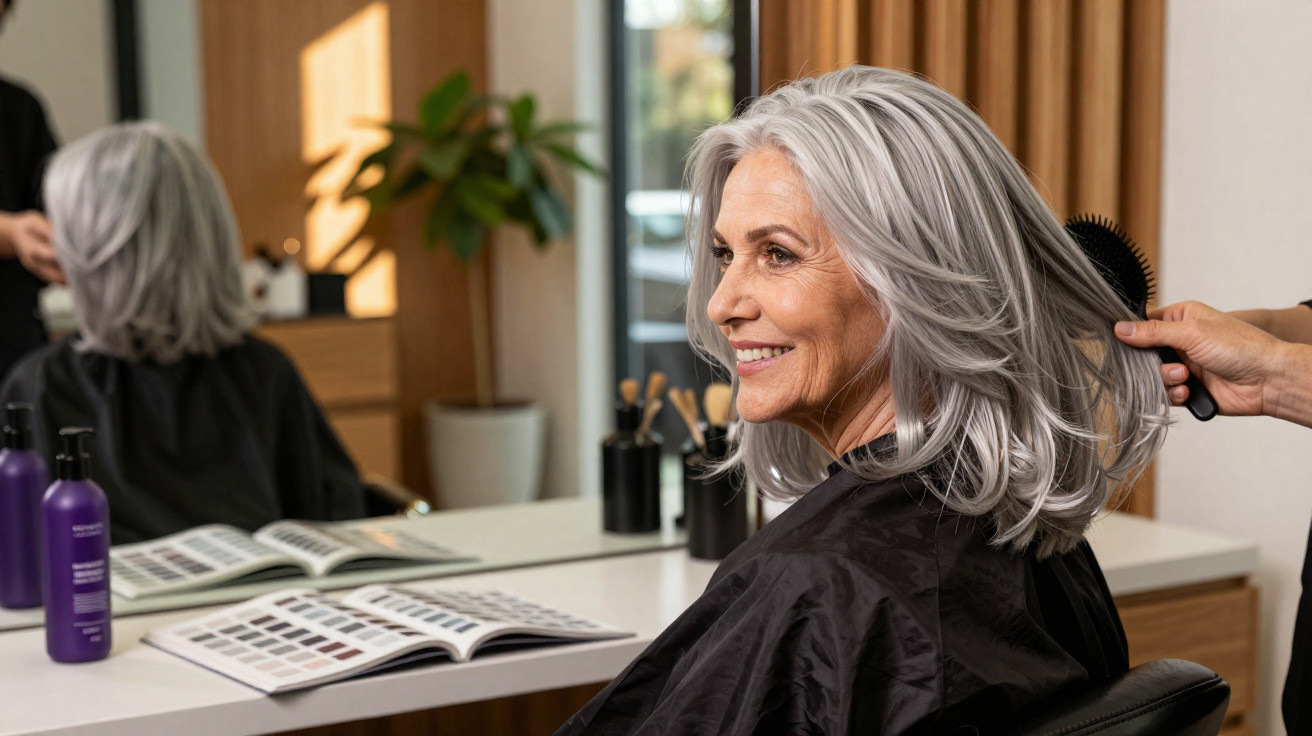 Mulher adulta com cabelo grisalho sorridente a ser penteada num salão de beleza moderno.