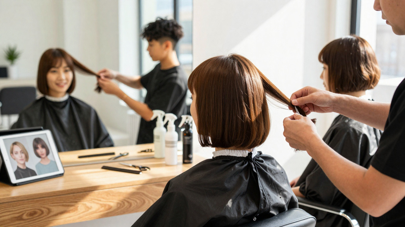 Cliente com capa preta a fazer corte de cabelo num salão com estilista a segurar cabelo e espelho à frente.