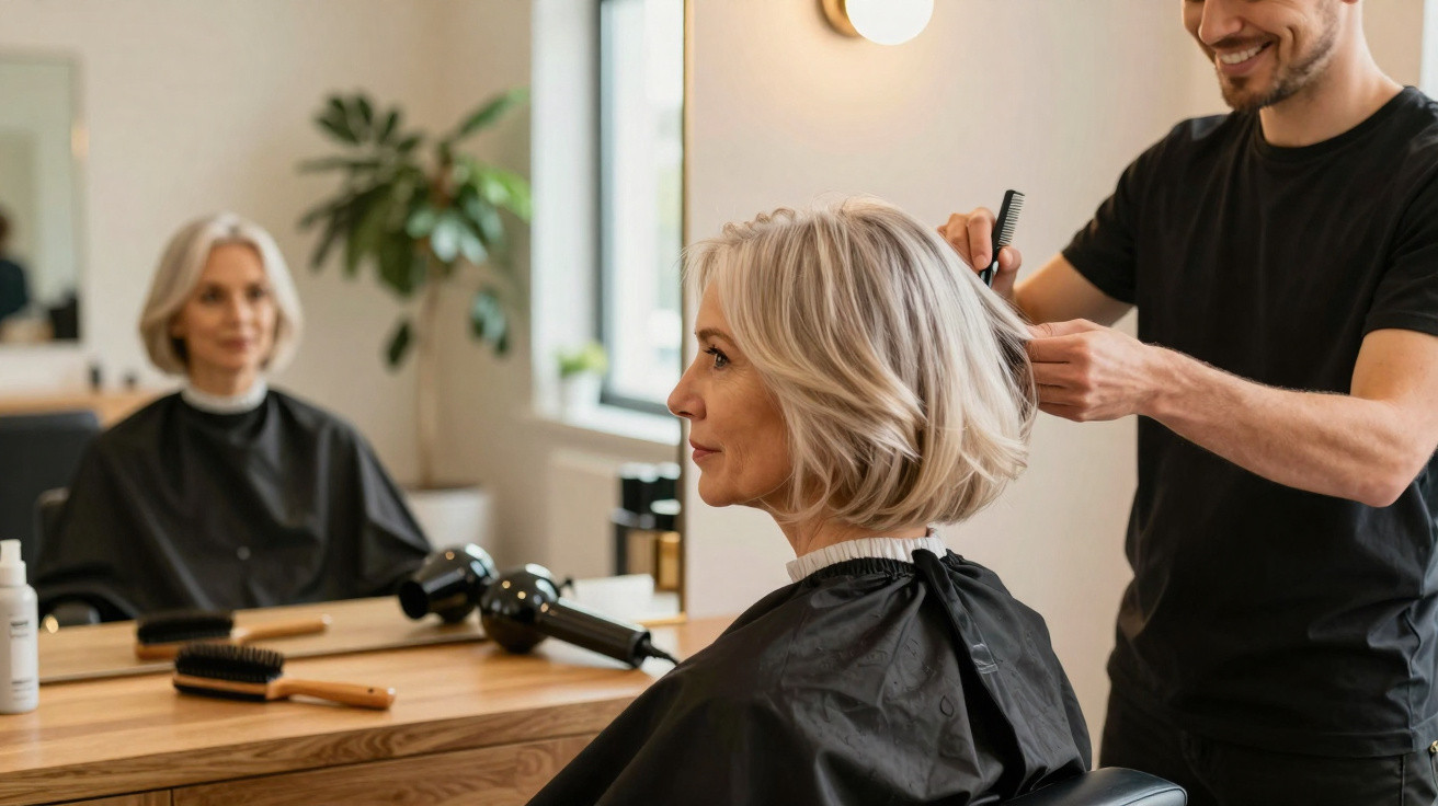 Homem penteia cabelo de mulher de cabelos curtos num cabeleireiro moderno com espelho grande.