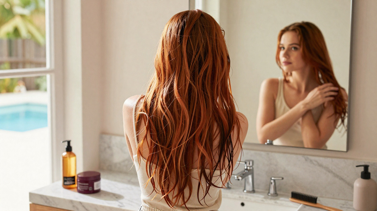 Mulher ruiva com cabelo molhado a pentear-se frente a um espelho numa casa de banho clara.
