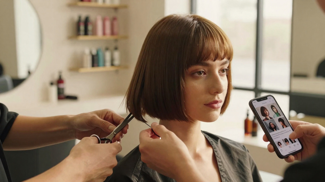 Mulher num salão de cabeleireiro a cortar o seu cabelo, com um telemóvel a mostrar estilos de corte.