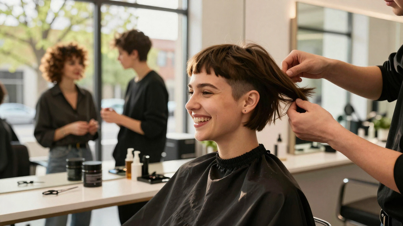 Cliente sorridente com capa preta a fazer corte de cabelo num salão moderno, com cabeleireiro e duas pessoas ao fundo.