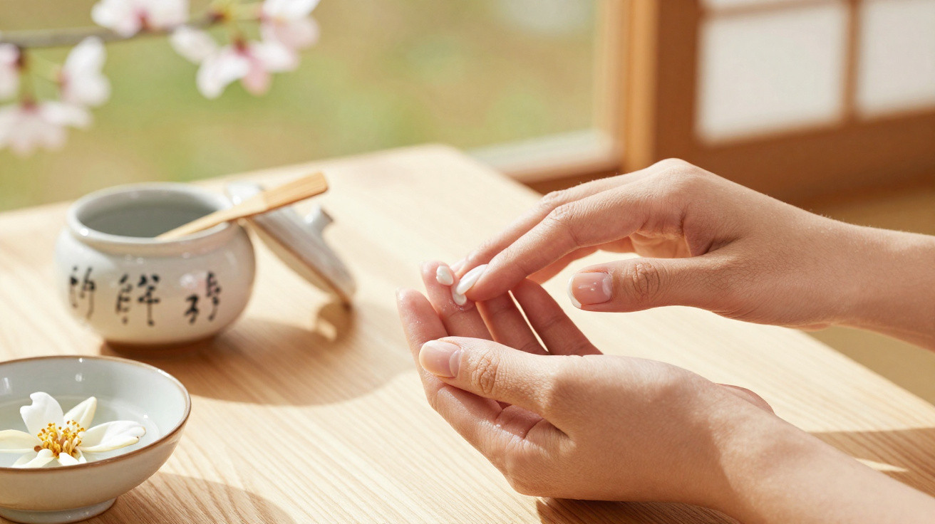 Mãos femininas a aplicar creme num ambiente tranquilo com vaso e flores sobre mesa de madeira clara.