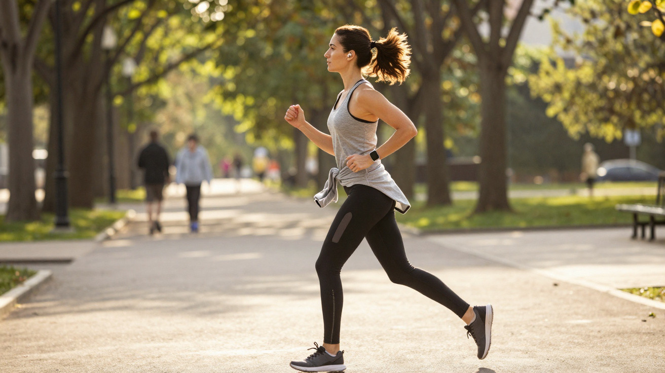 Mulher a correr no parque com roupa desportiva e cabelo apanhado num rabo de cavalo, em dia soalheiro.