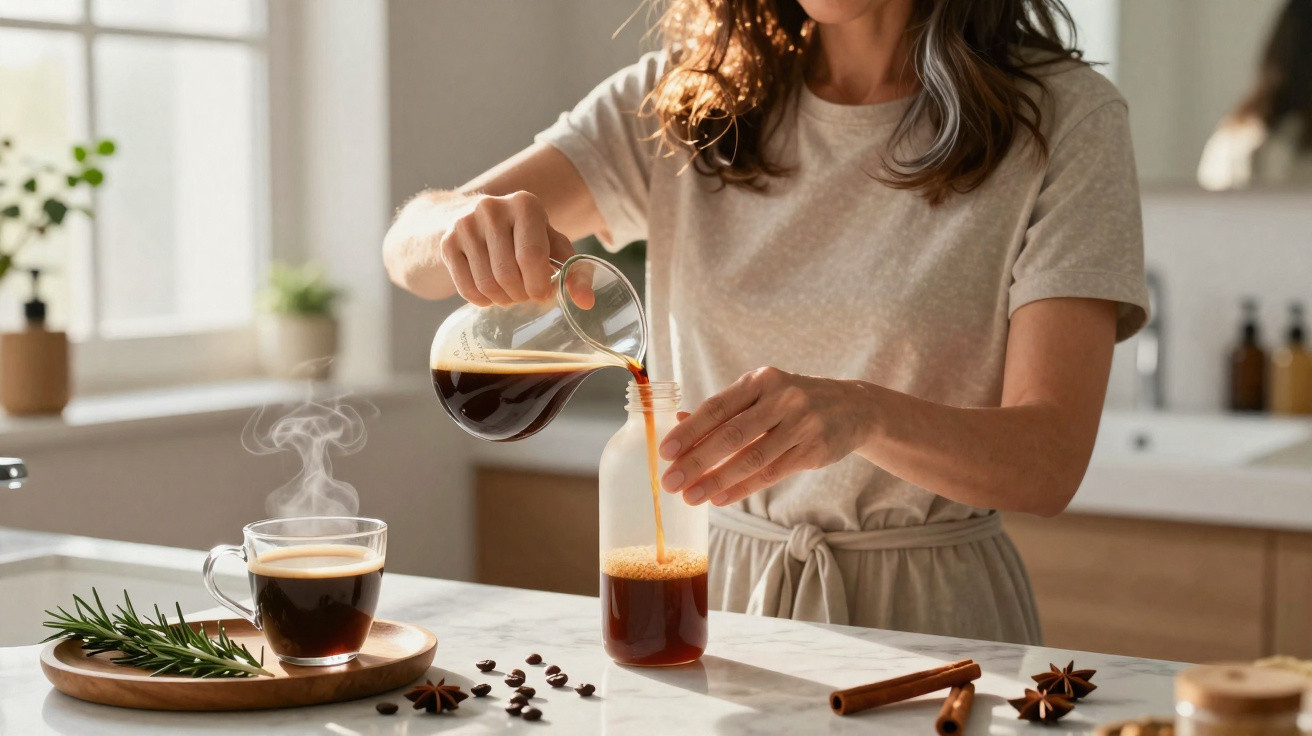 Mulher a servir café quente numa garrafa de vidro numa cozinha luminosa e moderna.