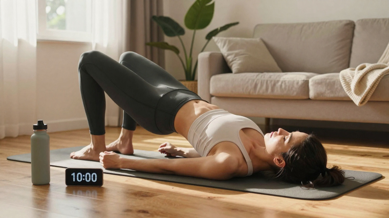 Mulher jovem a fazer exercício de ponte num tapete de yoga numa sala de estar luminosa.