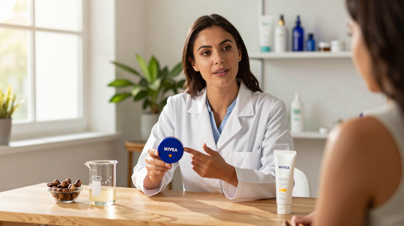 Mulher em bata branca a explicar e mostrar produto Nivea a outra pessoa numa mesa de madeira.