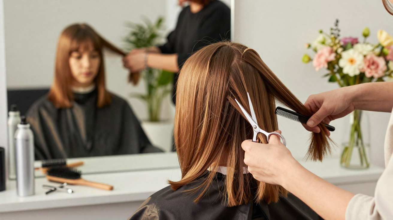 Pessoa a cortar o cabelo castanho ao meio num cabeleireiro com espelho e flores ao fundo.