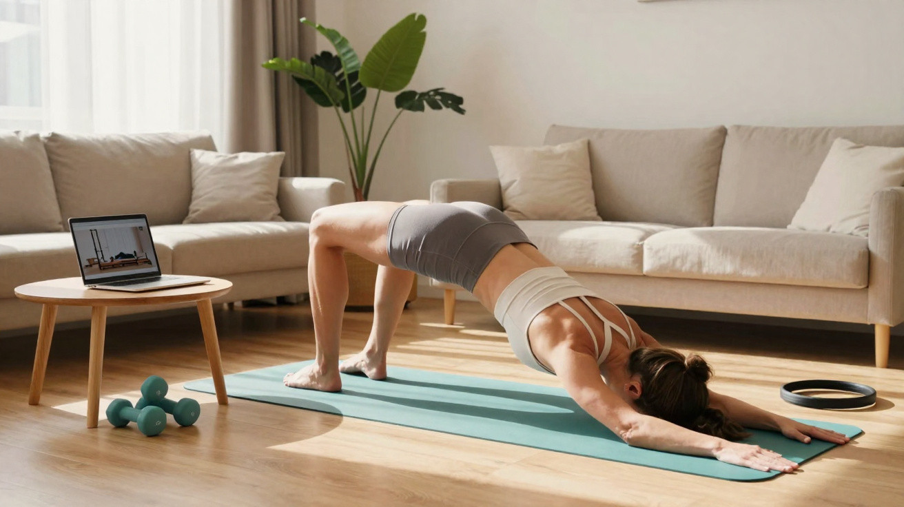 Mulher a fazer ponte e alongamento num tapete de exercício na sala, com laptop e halteres ao lado.