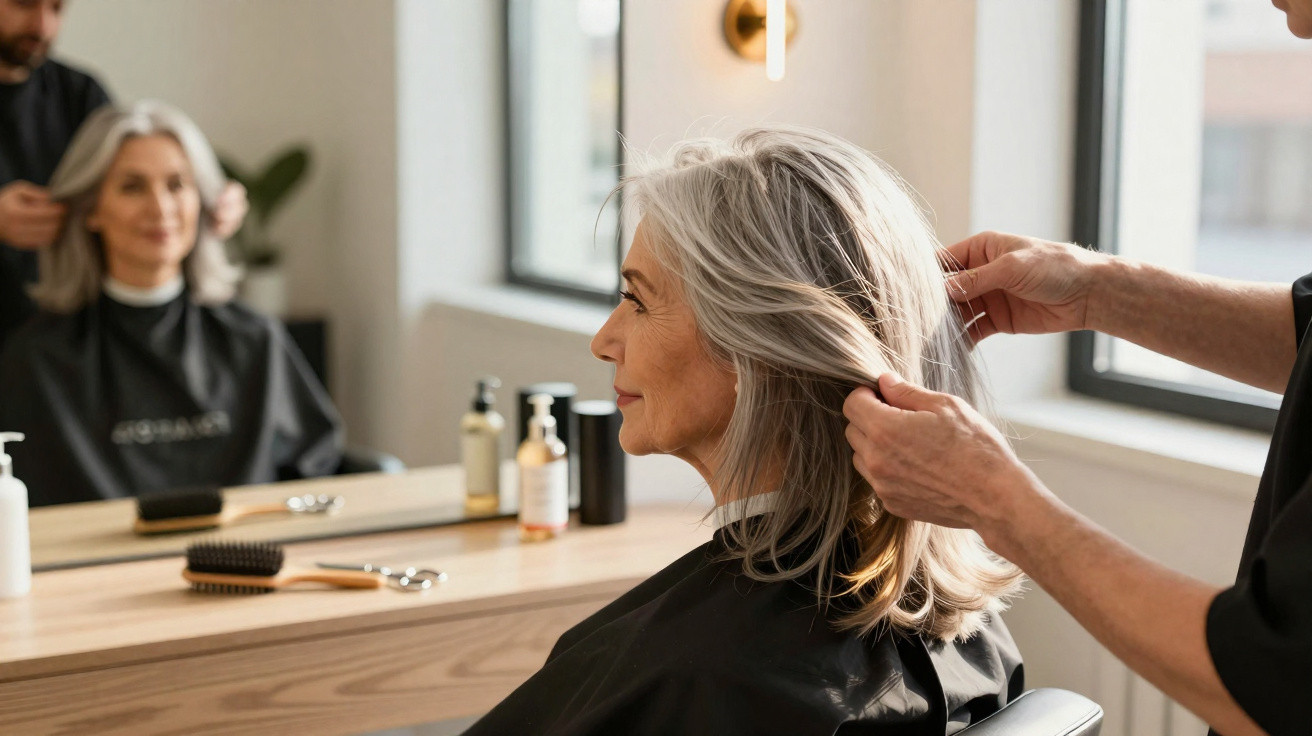 Mulher idosa com cabelo grisalho sendo arranjada por cabeleireiro numa cadeira de salão.