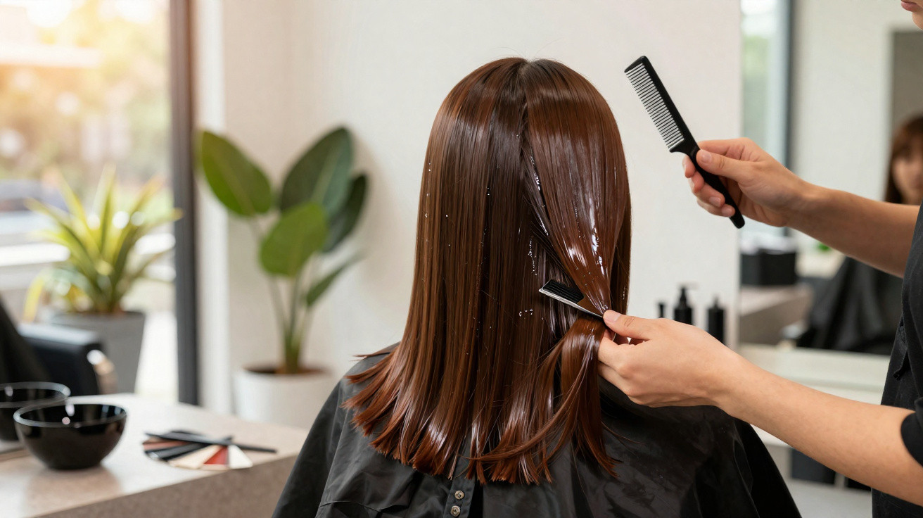 Pessoa num salão de cabeleireiro a pentear cabelo castanho liso com produtos aplicados.