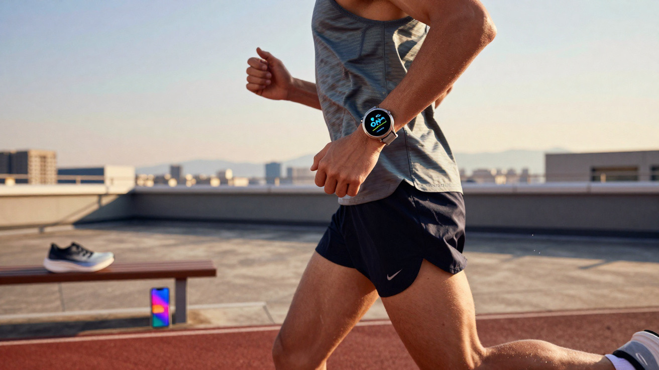 Homem a correr numa pista ao ar livre com relógio inteligente no pulso esquerdo.