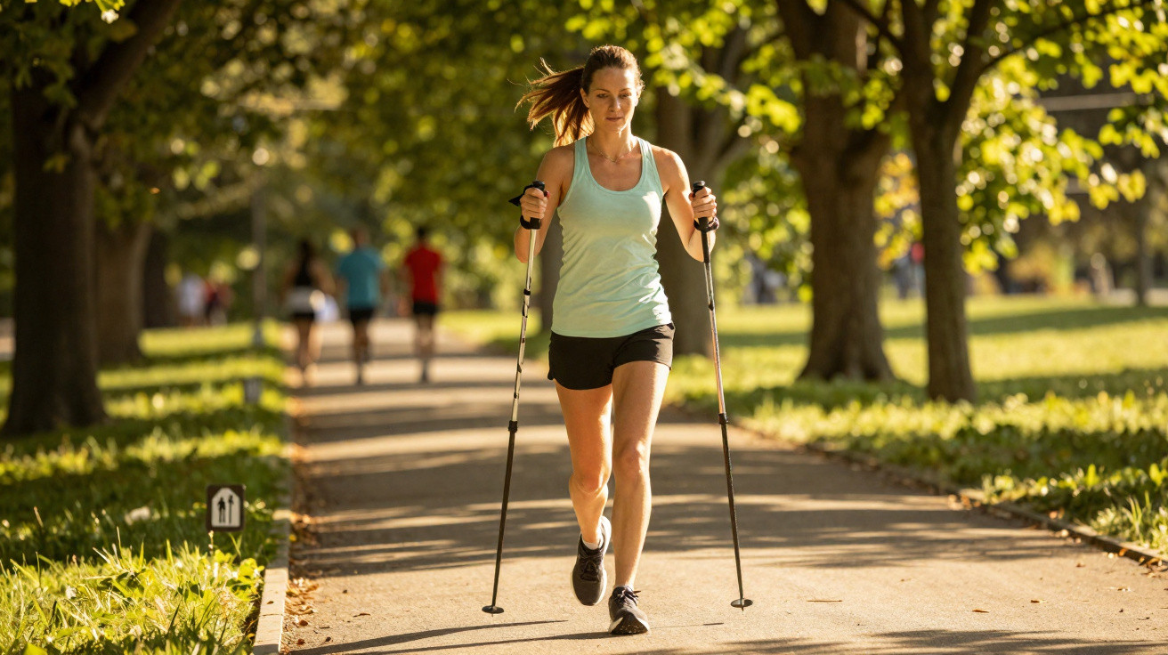 Mulher a praticar caminhada com bastões num parque soalheiro com árvores e outras pessoas ao fundo.