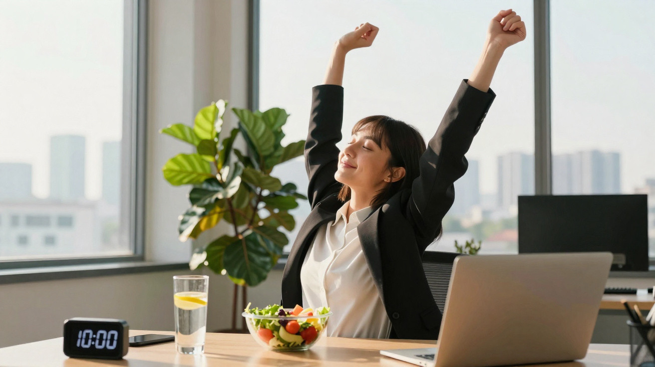 Mulher de negócios a espreguiçar-se numa mesa de escritório com salada, laptop e relógio digital.