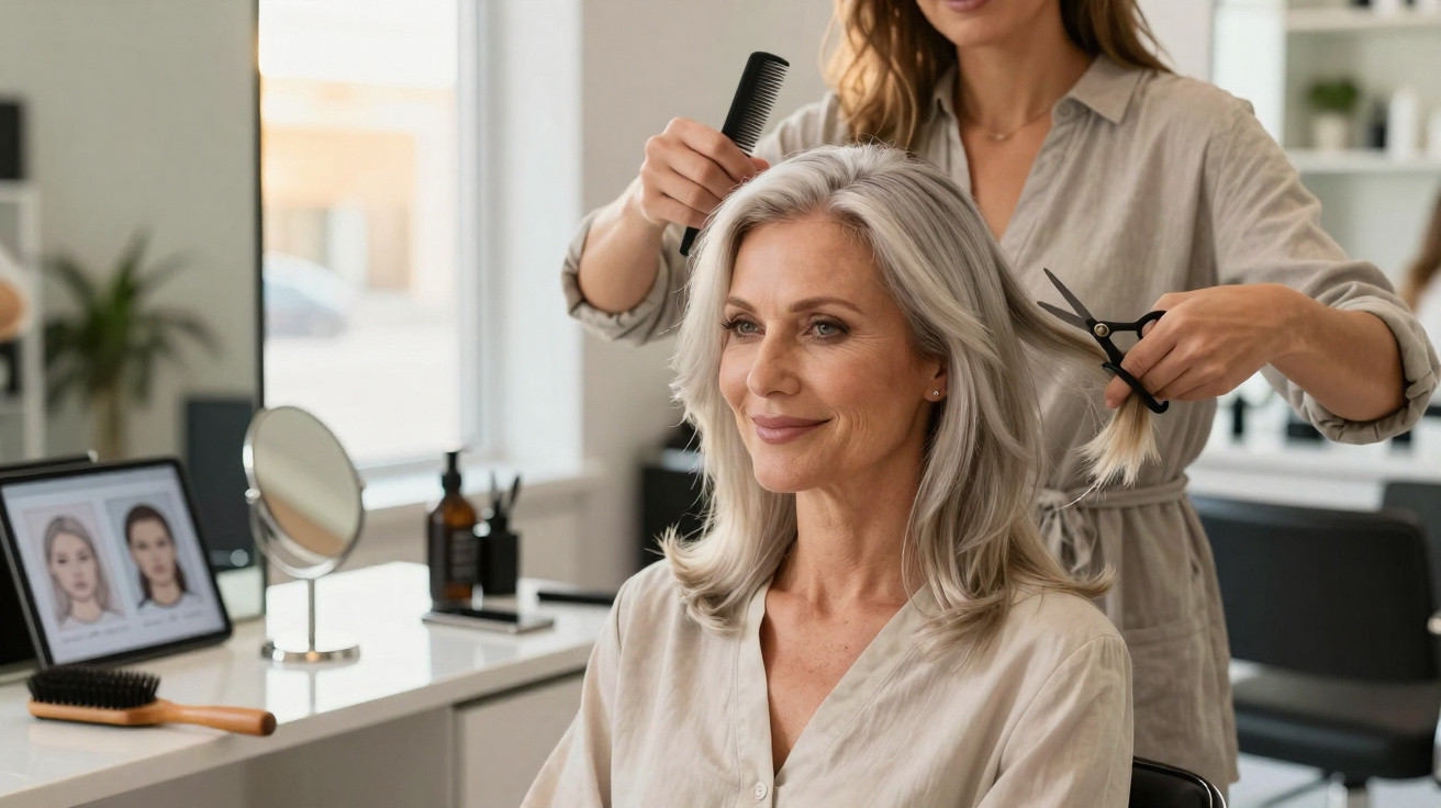 Mulher sorridente a receber corte de cabelo de cabeleireira num salão moderno e iluminado.