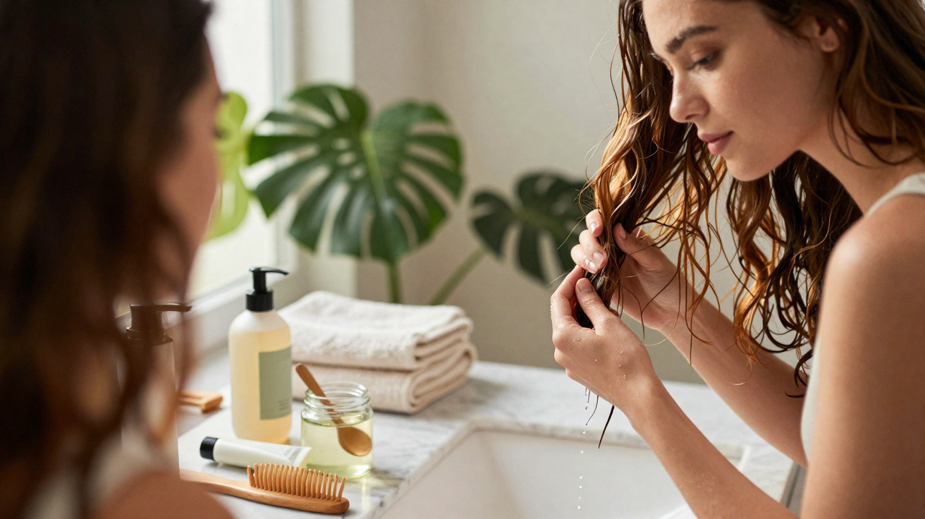 Mulher a secar o cabelo molhado com as mãos junto a uma pia de casa de banho com produtos de beleza.