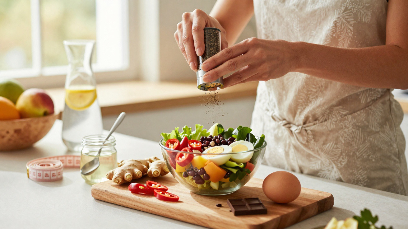 Pessoa a temperar salada fresca com legumes, ovo e azeitonas numa cozinha iluminada.