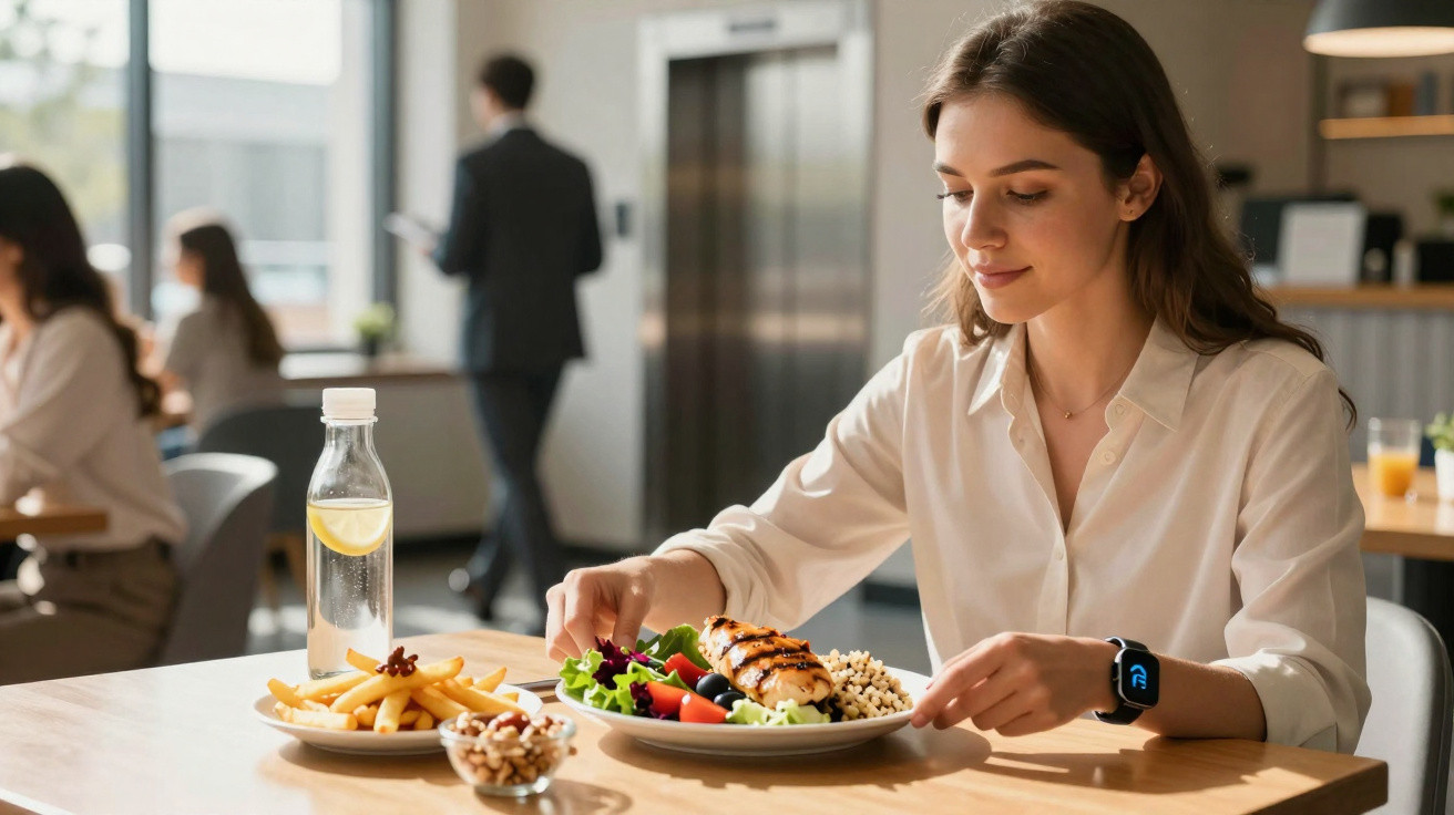 Mulher a almoçar refeição saudável com frango grelhado, legumes e água numa mesa de restaurante moderno.