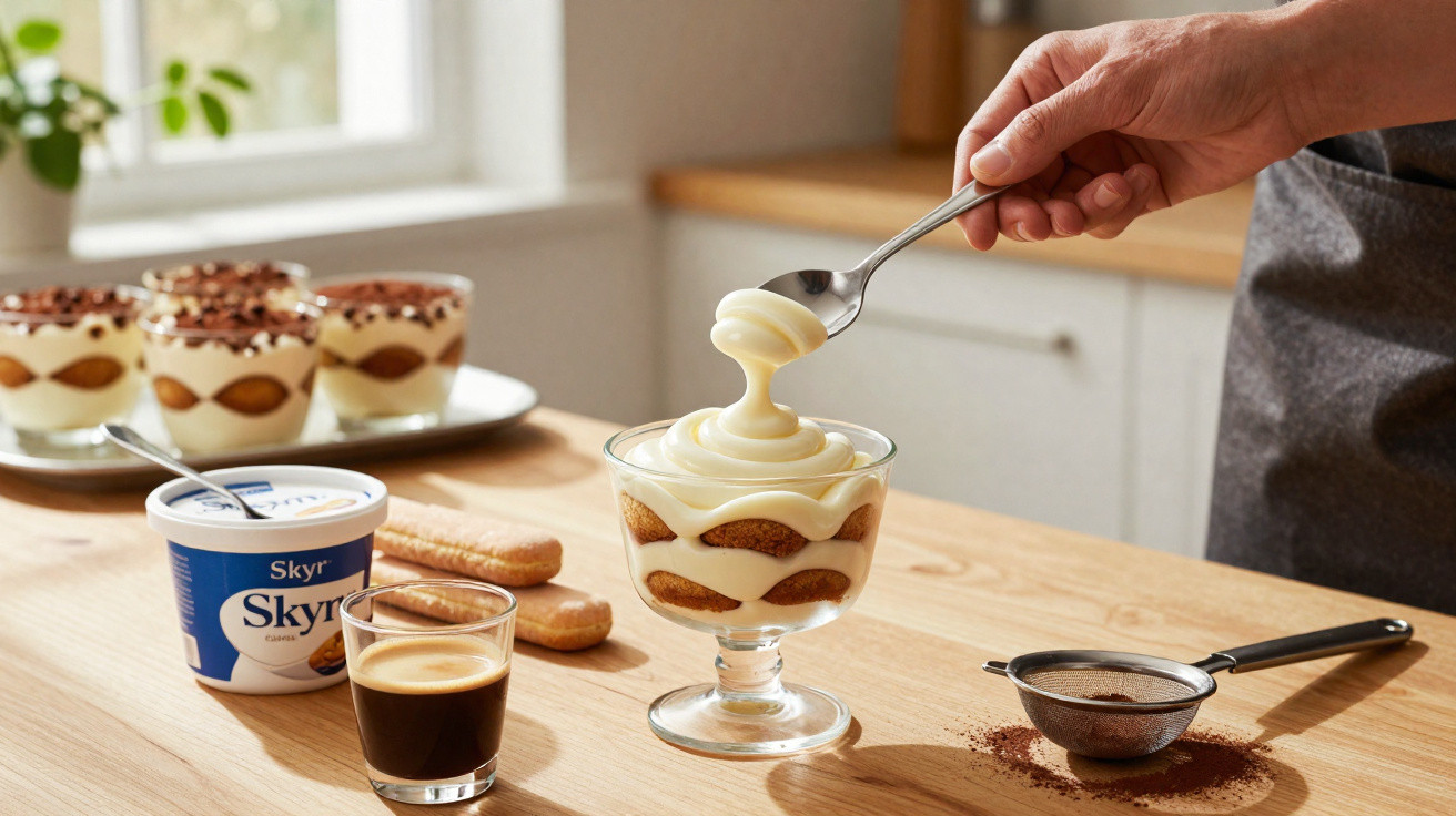 Pessoa a preparar tiramisù com iogurte Skyr, café, palitos de champanhe e cacau em pó numa cozinha luminosa.