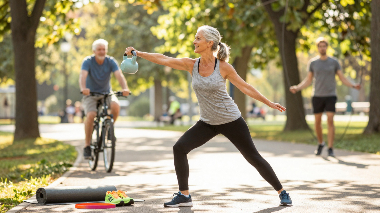 Mulher sénior a fazer exercício com kettlebell num parque, com ciclista e homem a saltar à corda ao fundo.