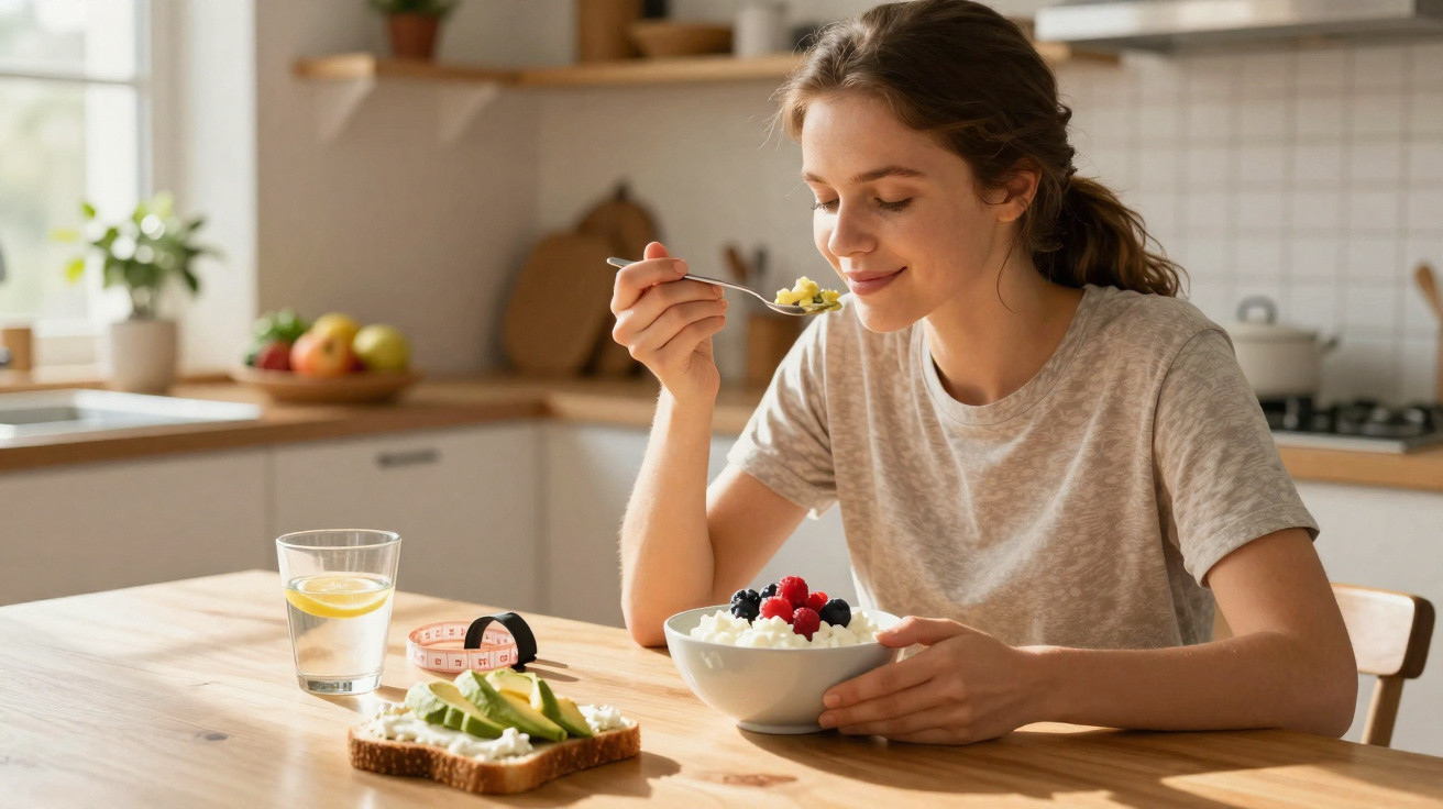 Mulher jovem a saborear pequeno-almoço saudável com iogurte, frutos vermelhos, abacate e água com limão na cozinha iluminada.