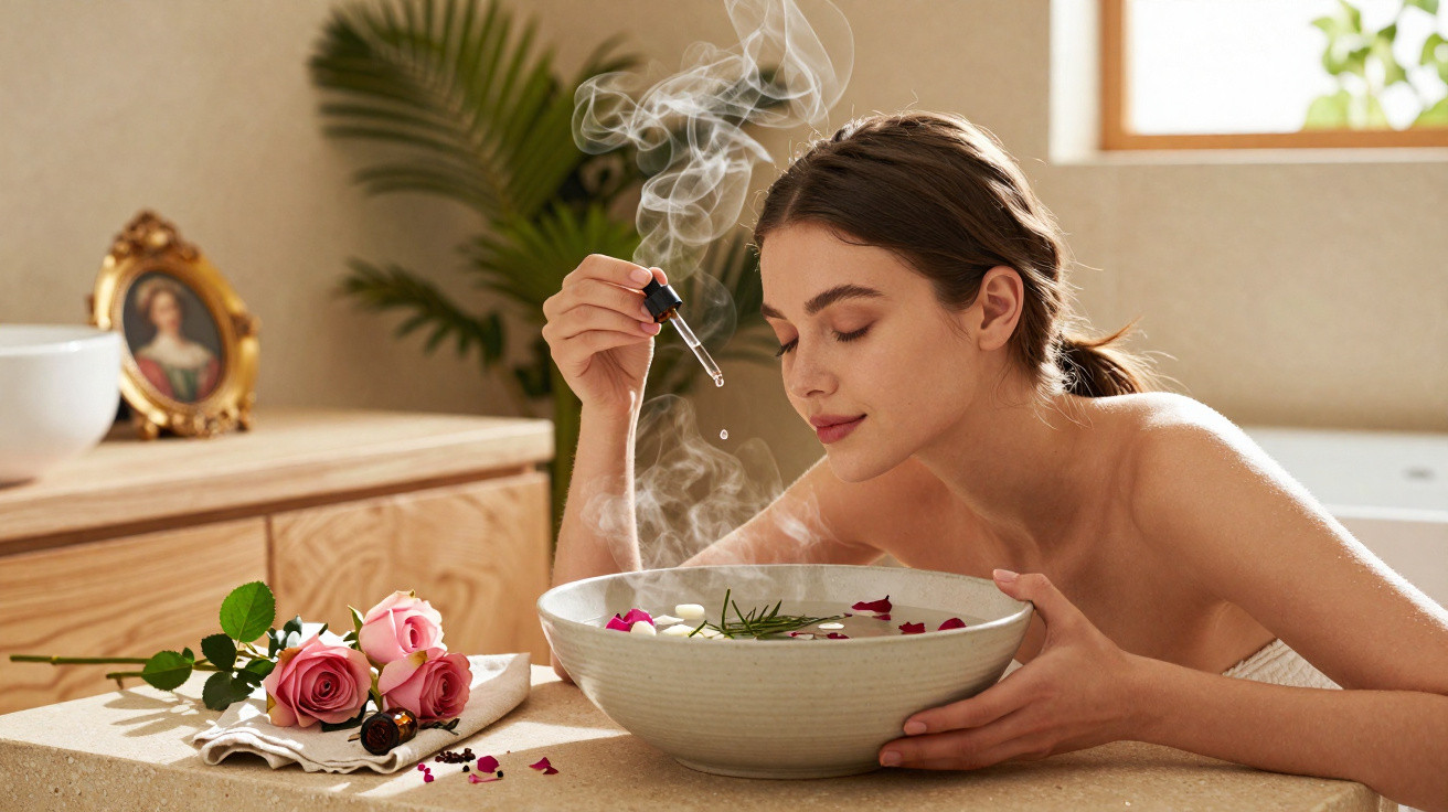 Mulher relaxa com olhos fechados, usando óleo essencial junto a uma tigela com água e pétalas de flores.