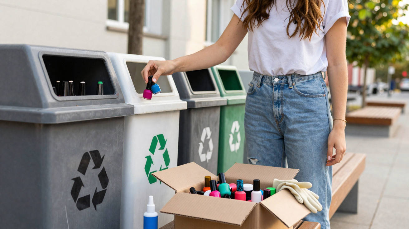 Mulher a reciclar verniz e embalagens em ecopontos urbanos, com caixa de objetos para reciclagem.