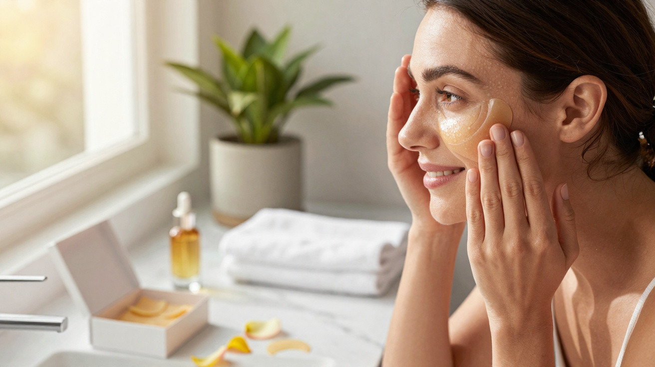 Mulher sorridente a aplicar máscara facial hidratante junto a pia iluminada por luz natural.