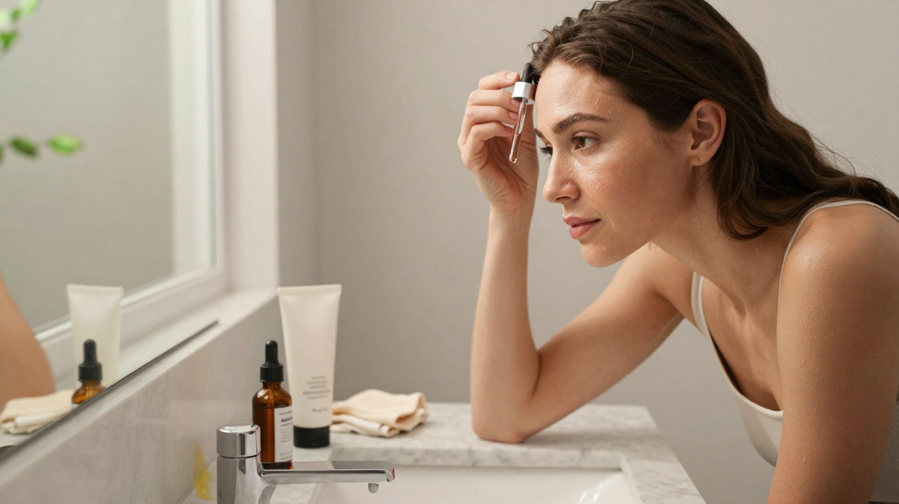 Mulher a aplicar soro facial no rosto junto a um lavatório com produtos de cuidados de pele.