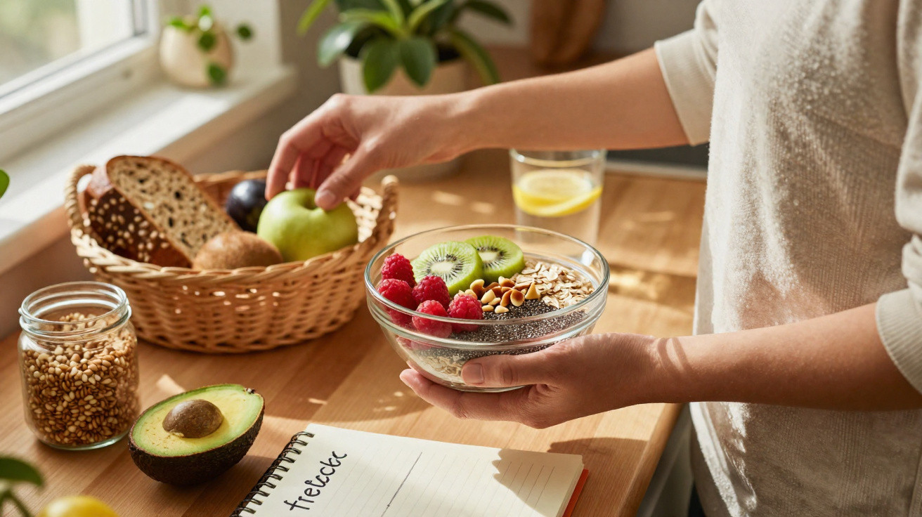 Pessoa a preparar taça de fruta com framboesas, kiwi, sementes e frutos secos numa cozinha iluminada.