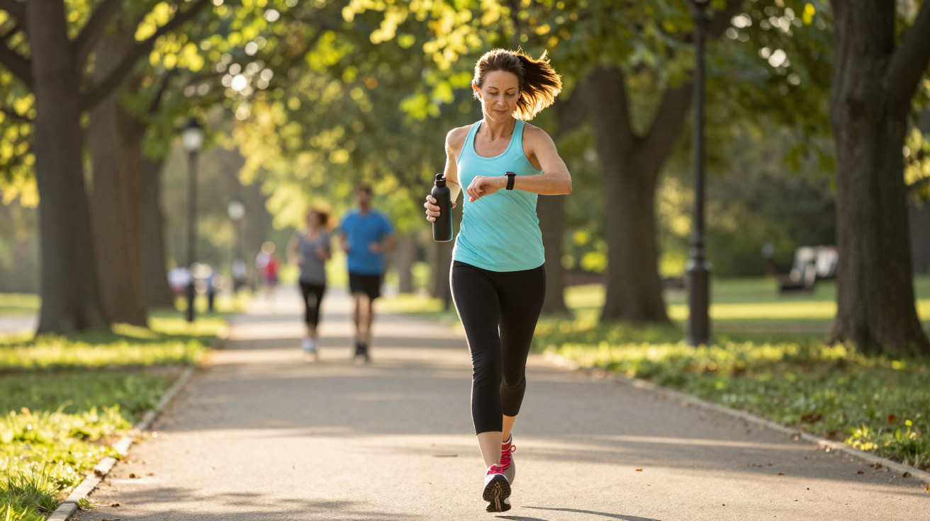 Mulher a correr no parque a olhar para o relógio, com garrafa na mão, em dia solarengo.