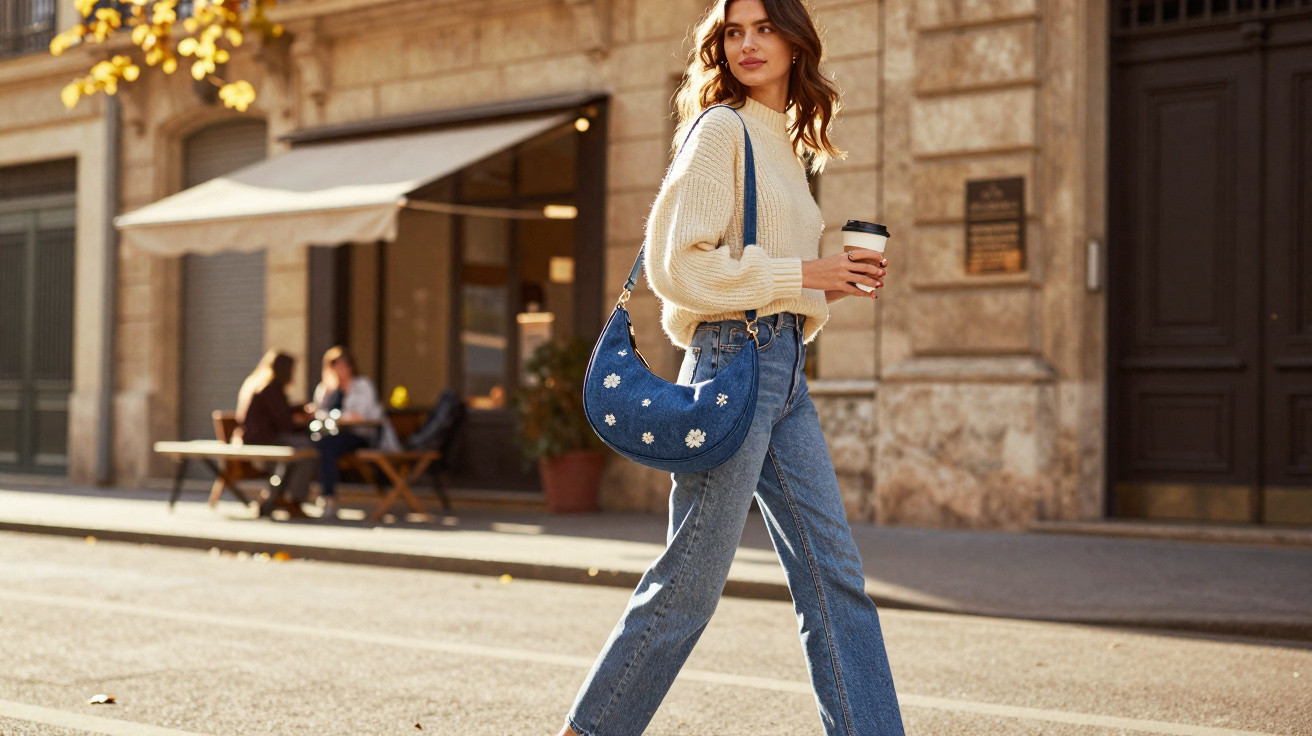 Mulher a caminhar na rua com camisola de malha creme, jeans e saco azul com flores, segurando café para levar.