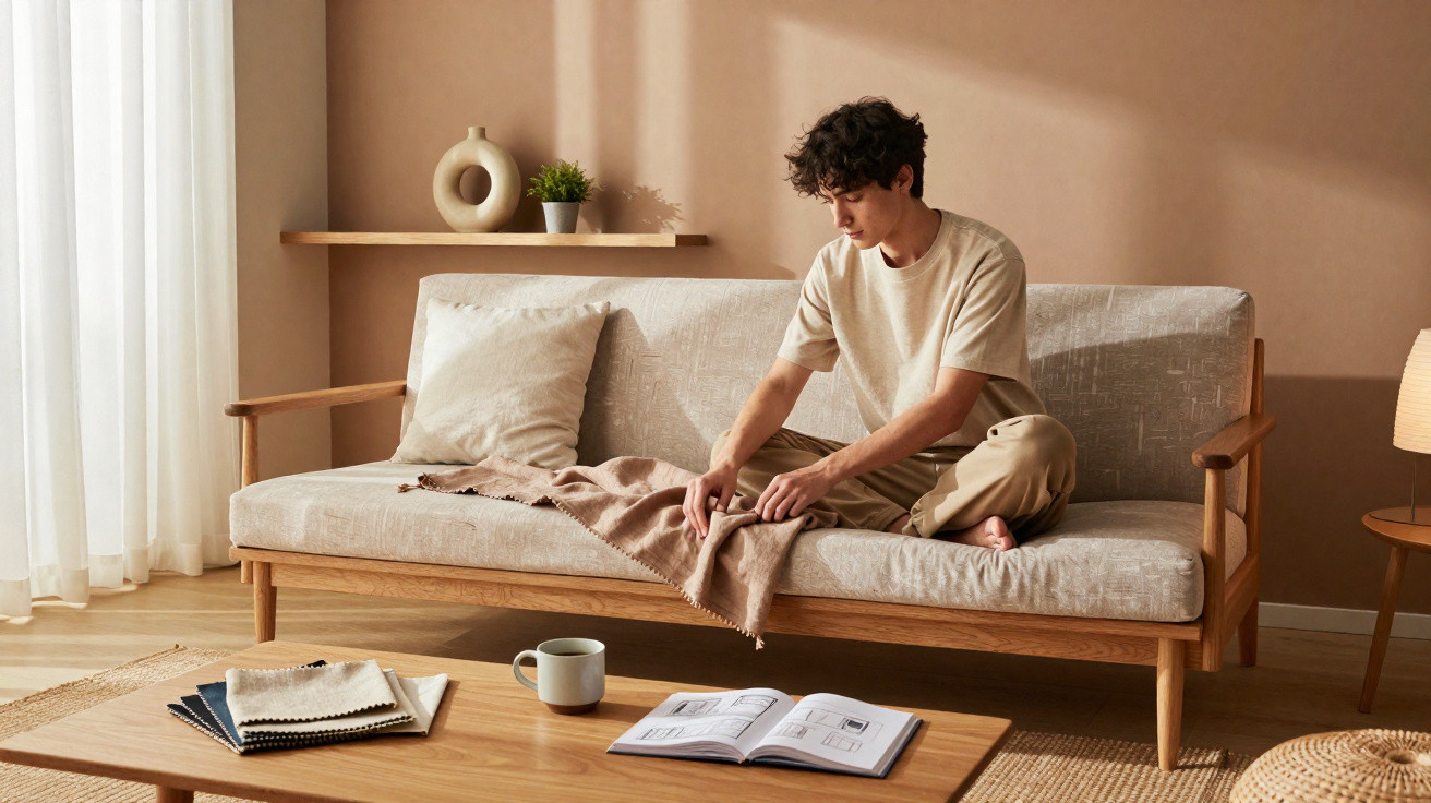 Homem sentado no sofá arrumando uma manta num ambiente acolhedor e decorado em tons neutros.