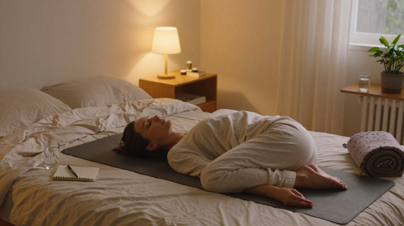 Mulher a fazer yoga em posição de criança numa cama, num quarto acolhedor com luz suave.