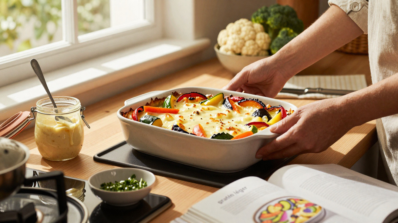 Pessoa a segurar tabuleiro com legumes gratinados numa cozinha iluminada pela janela.