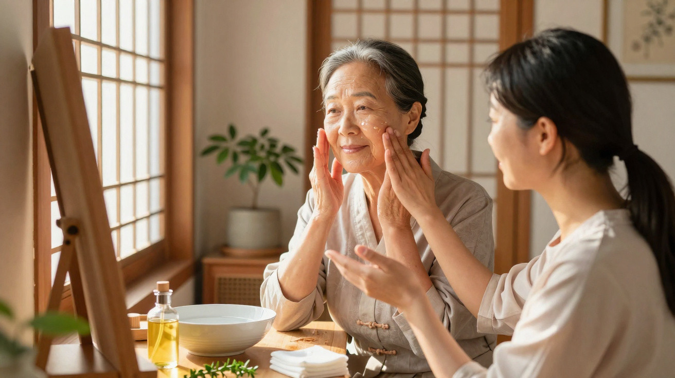Mulher mais nova aplica creme no rosto de mulher idosa com ambiente acolhedor e natural em casa.