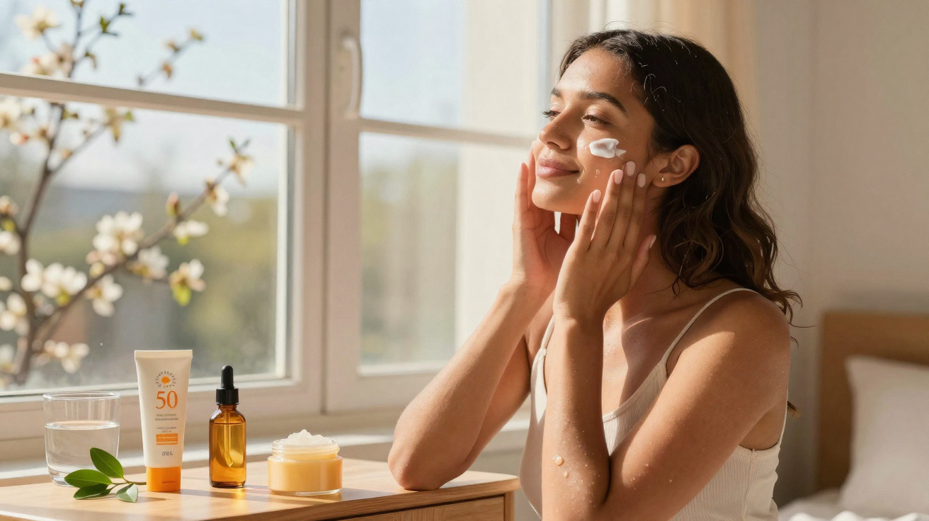 Mulher aplica creme hidratante no rosto sentada junto a janela com produtos de beleza numa mesa.