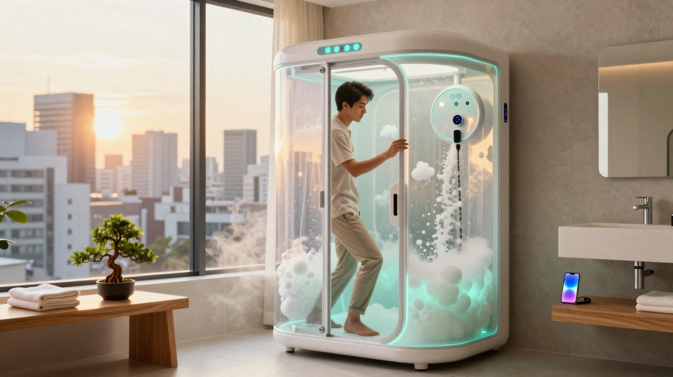 Homem a entrar numa cabine de chuveiro futurista com luzes LED num quarto de casa iluminado ao pôr do sol.