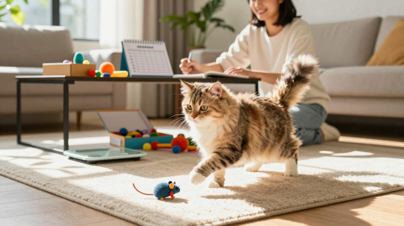 Gato castanho e branco a brincar com rato de brinquedo num tapete, mulher sorridente ao fundo.