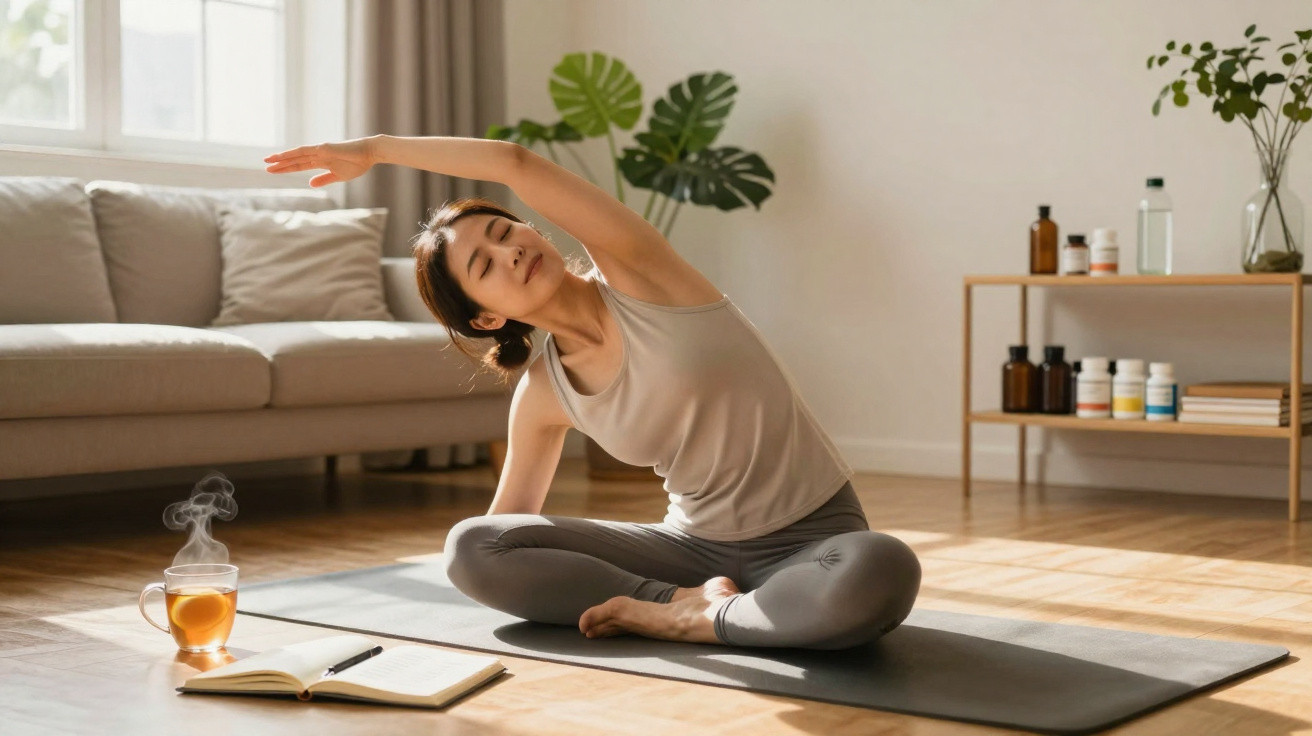Mulher a fazer alongamento sentado no tapete de yoga numa sala luminosa com chá e caderno.