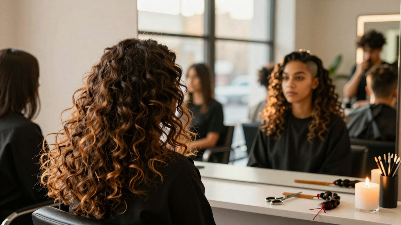 Mulher com cabelo encaracolado sentado de frente para espelho num salão de beleza.