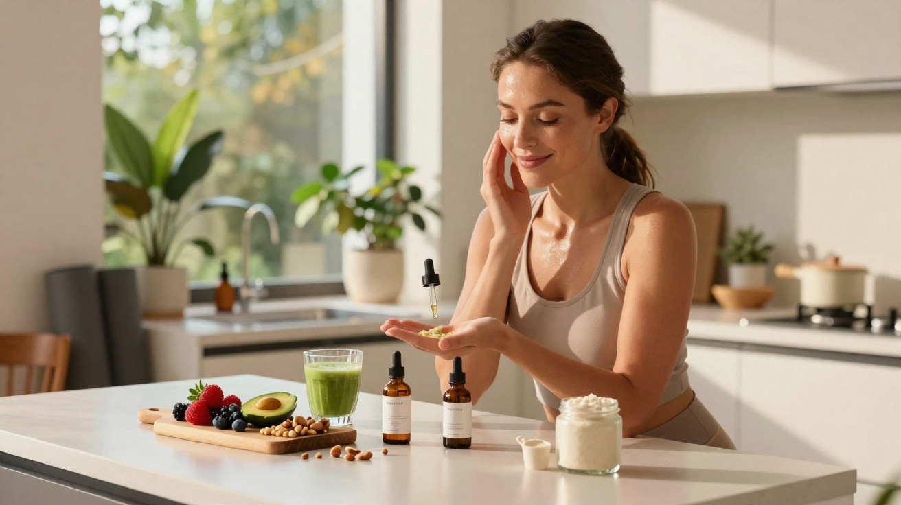 Mulher aplica óleo facial com conta-gotas na cozinha moderna perto de frutas, smoothie e iogurte.