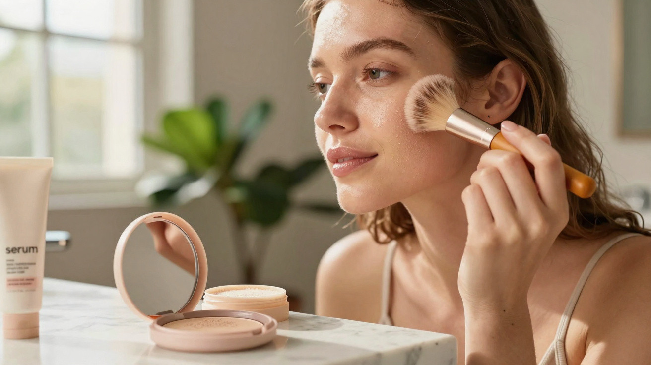 Mulher a aplicar pó compacto no rosto, com pincel, sentada junto a uma mesa com produtos de beleza.