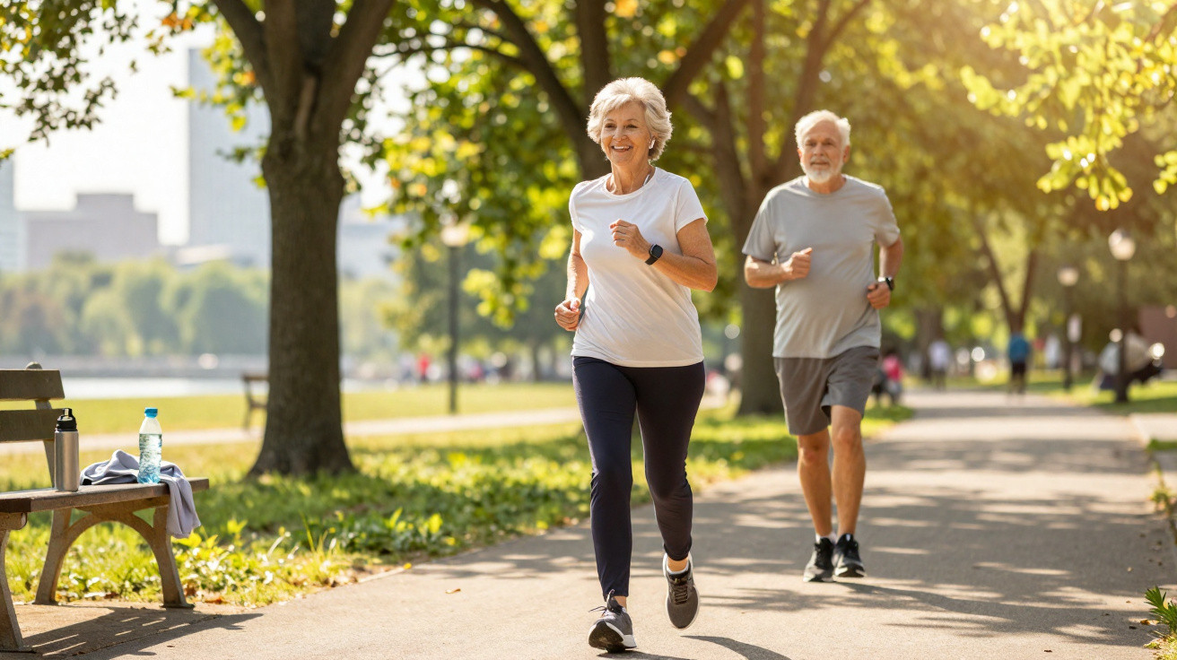 Casal sénior a correr ao ar livre num parque ensolarado com bancos e árvores ao redor.
