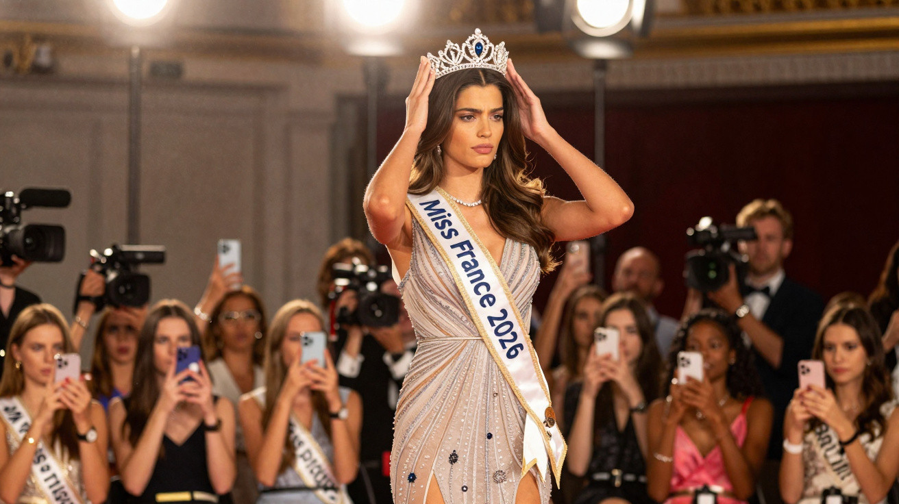 Mulher com coroa e faixa Miss France 2026 numa passadeira vermelha com público ao fundo.