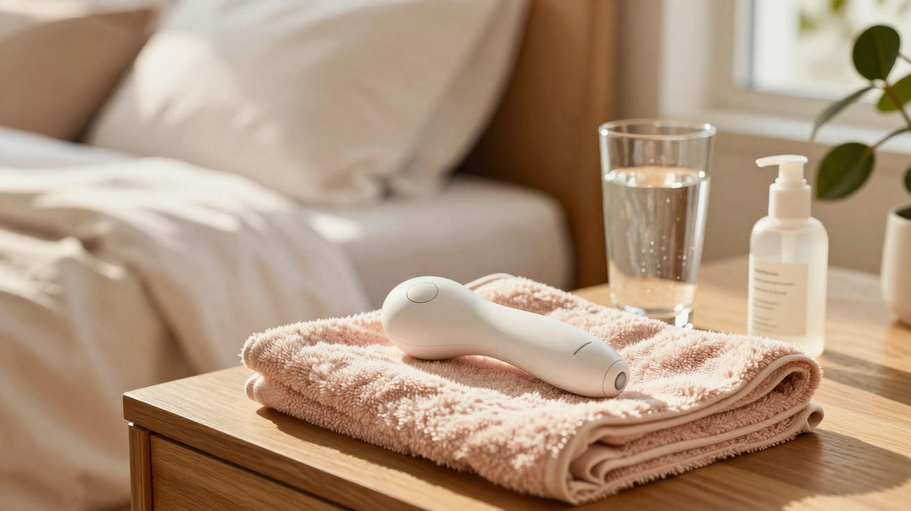 Aparelho eletrónico branco sobre toalha cor de rosa numa mesa junto a uma cama desfeita.